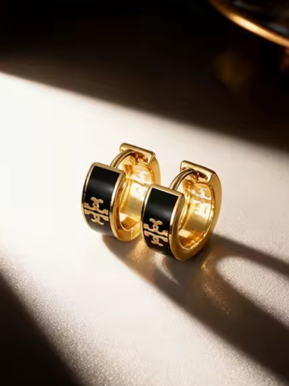 Gold and Black Enamel Hoop Earrings